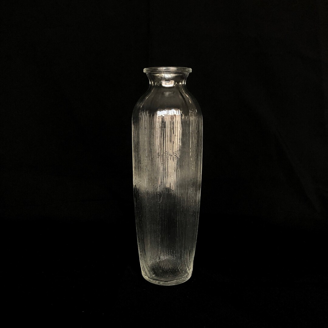 Tall Ten Sided Vintage Clear Ribbed Glass Bottle Vase Decanter Bud Vase