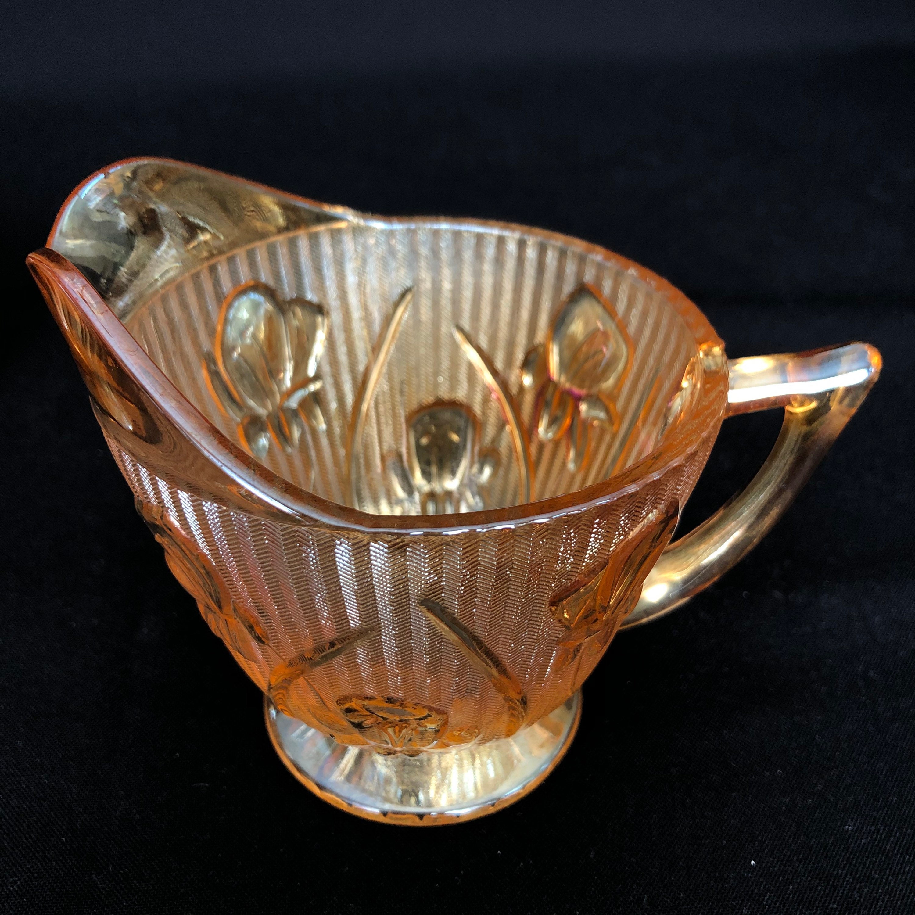 Vintage Peach Lustre Carnival Glass Iris & Herringbone Cream