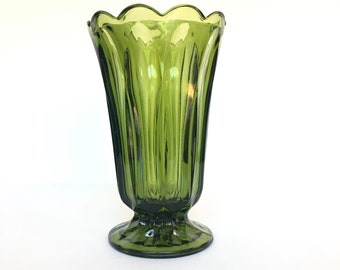 Vintage Fairfield Pattern Avocado Green Vintage Glass Footed Bouquet Vase with Scalloped Rim
