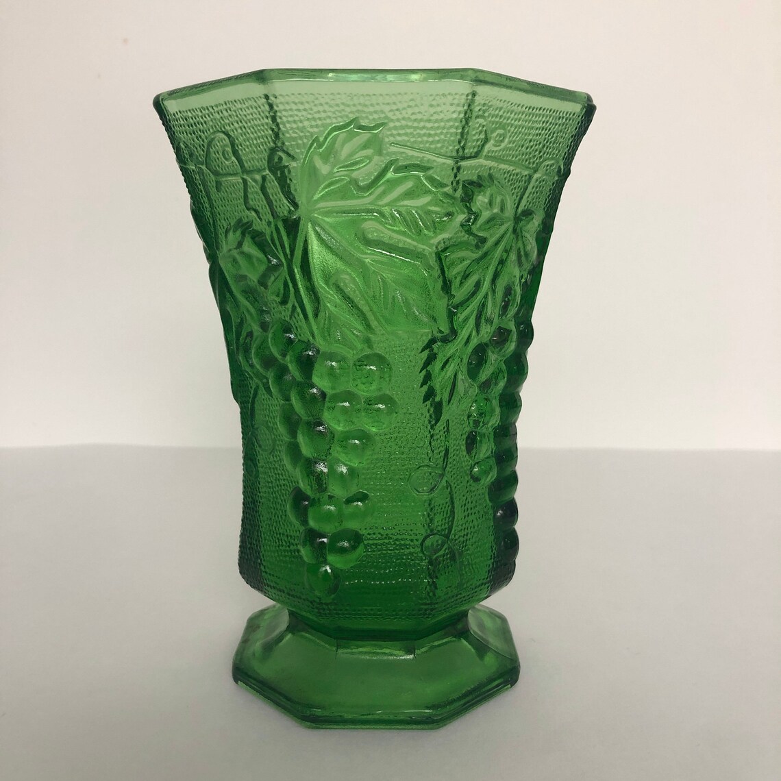 Emerald Green Vintage Glass Hexagonal Vase With Grape Design Etsy