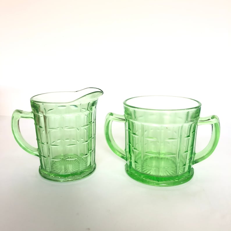 Vintage Green Vaseline Glass Creamer and Open Sugar Set in the Etsy