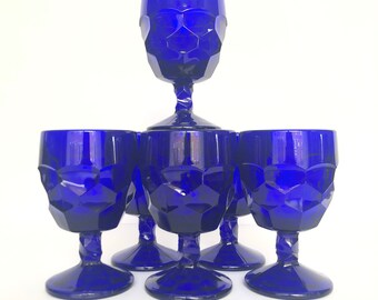 Set of 6 Vintage Cobalt Blue Glass Water Goblets