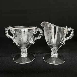 Vintage Cornflower Etched Candlewick Handle Footed Glass Cream & Sugar - Vintage Kitchen - Vintage Dining