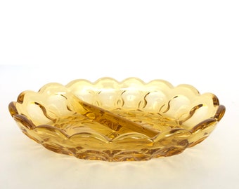 Vintage Fairfield Amber Glass Divided Oval Plate - Vintage Server - Cocina Retro