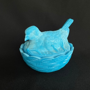RARE - Vintage Blue Slag Glass Dove on Nest - Covered Dish