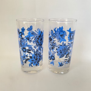2 Vintage Blue Print 16oz Glass Highball Cocktail Glasses  - Vintage Barware