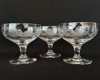 Trio of Vintage Floral Etched Crystal 6oz Champagne Cocktail Coupes - Vintage Barware - Retro Barware