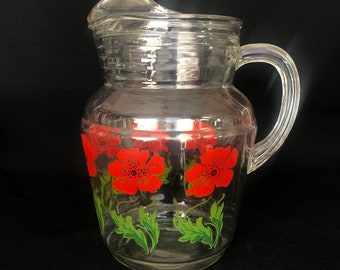 Vintage Glass Red Poppy 90oz Pitcher - Retro Kitchen - READ FULL DESCRIPTION
