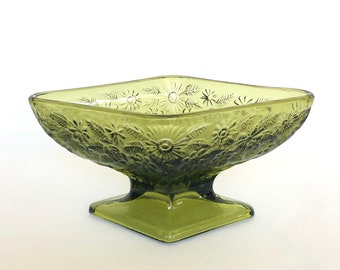 Vintage Indiana Glass Company Pineapple Floral Daisy Design Parallelogram Footed Bowl - Green Glass Pedestal Dish
