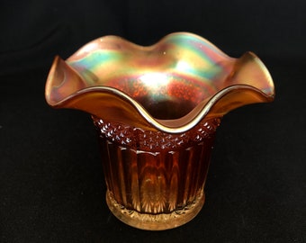 Lovely Little Vintage Northwood Carnival Glass Marigold Iridescent Hat Vase with Vertical Ribs & Diamond Band c1950's