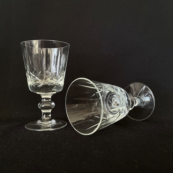 Pair of Vintage Crystal Cross Cut 4oz Flat Bottom Disc Stem Wine Cocktail  Glasses Vintage Barware Retro Barware 