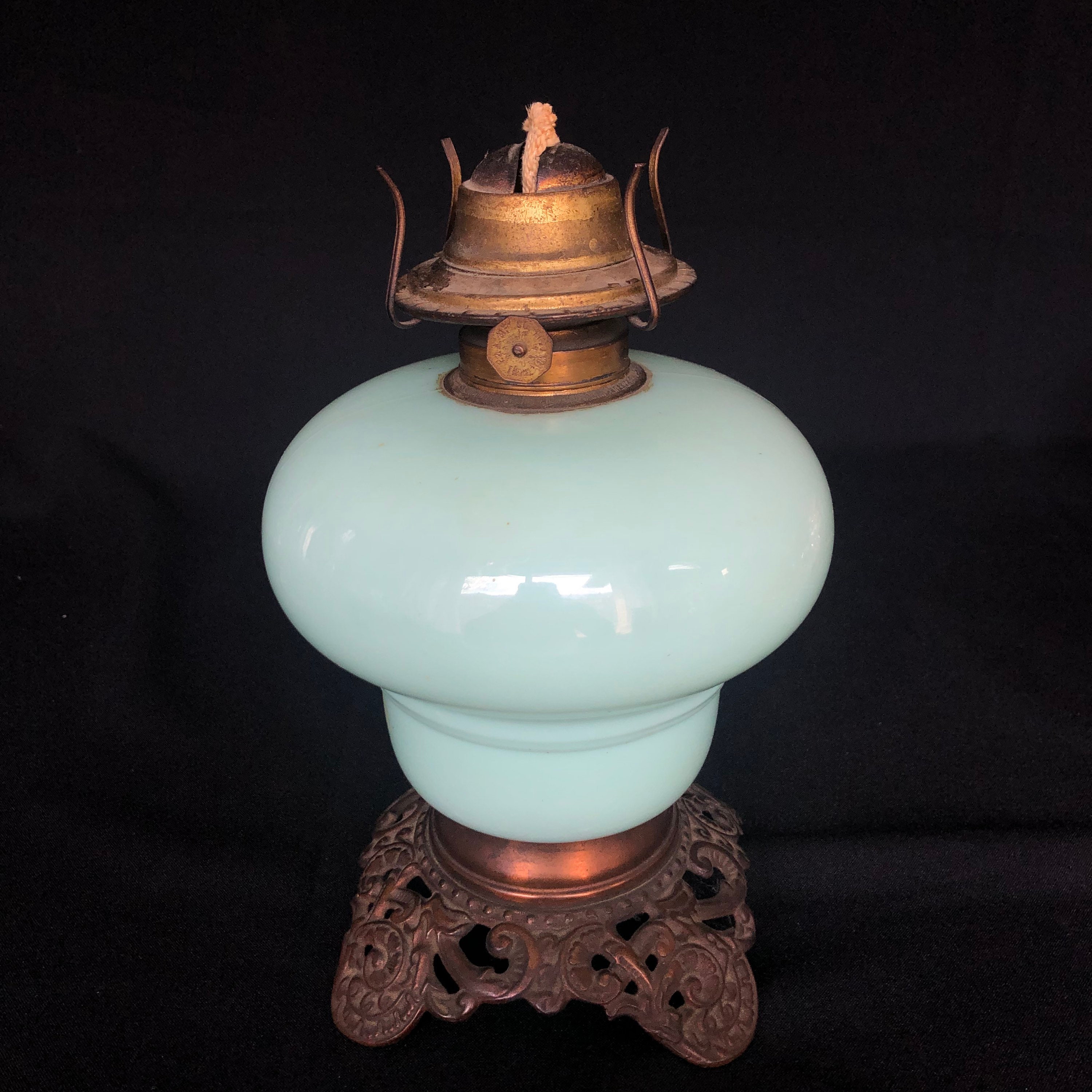 RARE Vintage or Antique Jadeite Oil Lamp With Metal Base and Owl