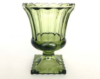 Avocado Spruce Green Vintage Glass Compote - Pedestal Dish - Scalloped Rim - Planter