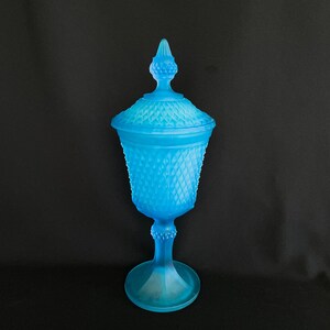 Vintage Diamond Point Frosted (Satin) Green Glass Stemmed Bowl Compote Pedestal Dish by Indiana Glass