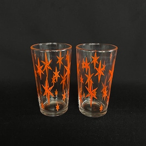2 Vintage Oranje Atomaire Starburst Print 8oz Glazen Cocktail Watersap Glazen - Vintage Barware - BEKIJK VOLLEDIGE BESCHRIJVING!