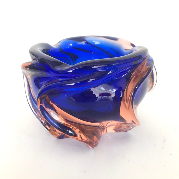 Super Retro Murano Art Glass Coral Pink and Royal Blue Bowl - Ashtray