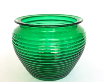 Vintage Emerald Green Pressed Glass Horizontally Ribbed Planter Humidor