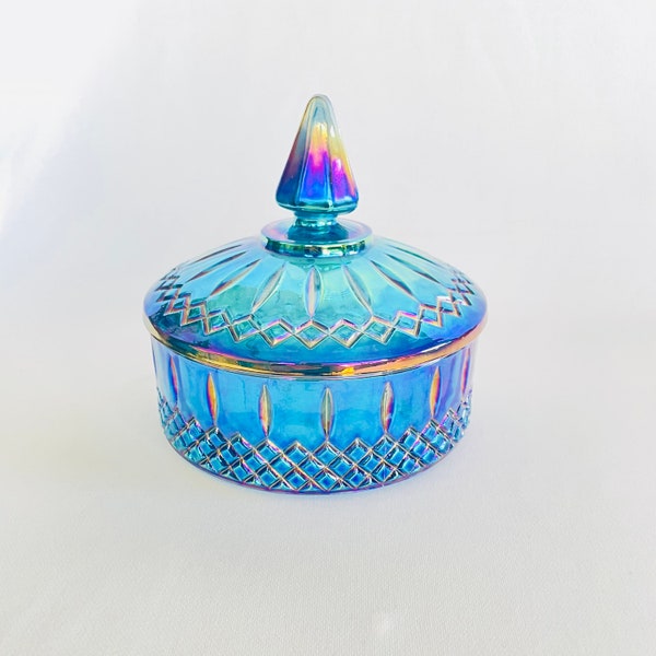 Vintage Indiana Glass Blue Carnival Glass Lidded Dish Candy Box with Lid