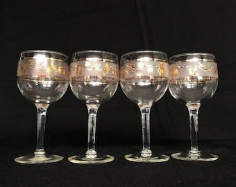 4 Libbey Glass Vintage 22k Gold Pine Cone 6.5oz Wine Glasses