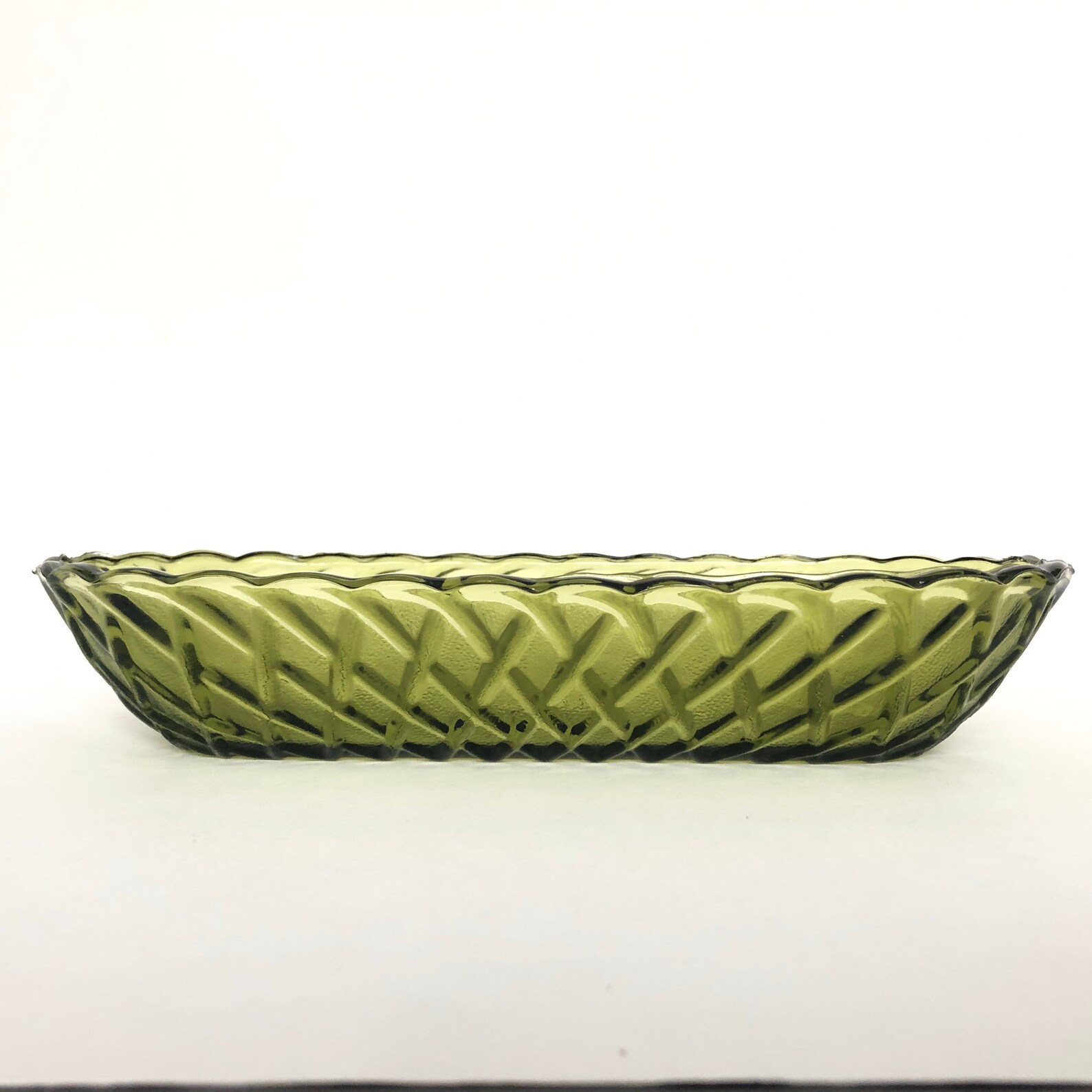 Indiana Glass Co Vintage Avocado Green Glass Basket Weave Oval Etsy