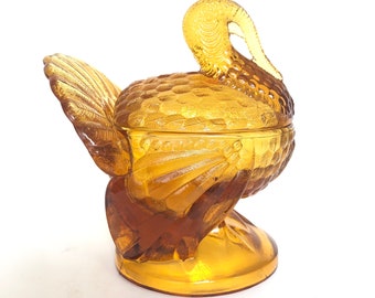 Vintage L. E. Smith Golden Amber Glass Turkey Lidded Dish