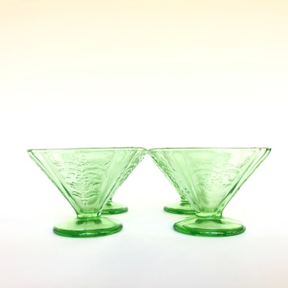 4 Vintage Green Depression Glass Federal Glass Madrid Footed Dessert Dishes Bowls