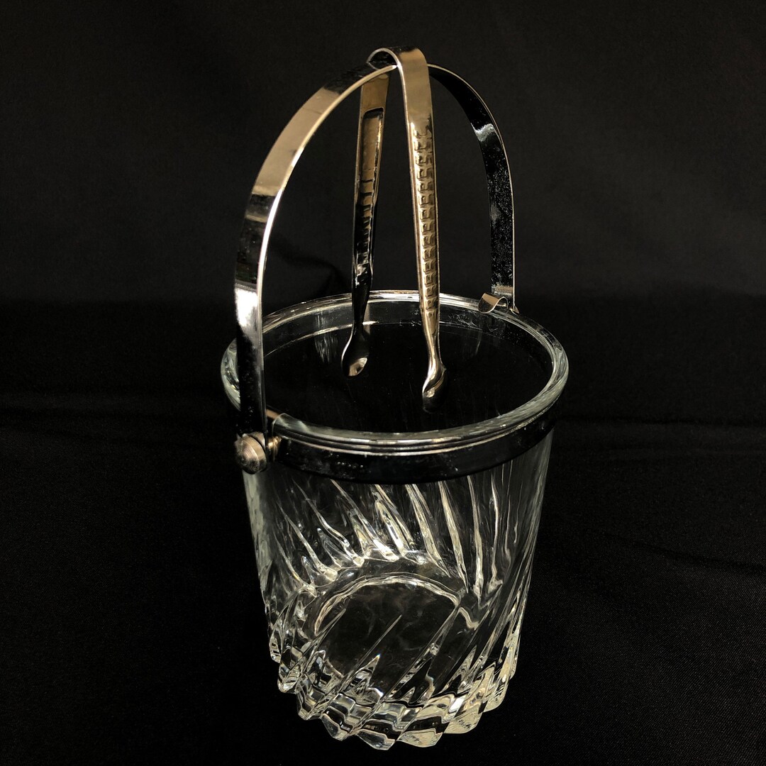 Vintage Clear Glass Ice Bucket With Silvertone Metal Rim and Handle