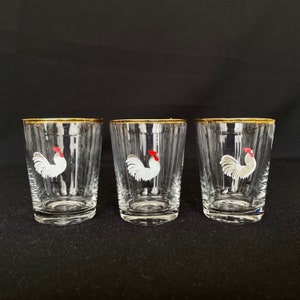 Trio of Little Vintage Hand Painted Rooster 2.5oz Shot Glasses - Vintage Barware - Retro Barware