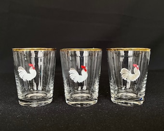 Vintage Hand Painted Rooster Shot Glass Set – Gold Rim Barware