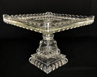 RARE - Antique Adams Company Crystal Wedding Pattern Square Pedestal Cake Stand - Original Antique EAPG c.1890 9 1/4" Square