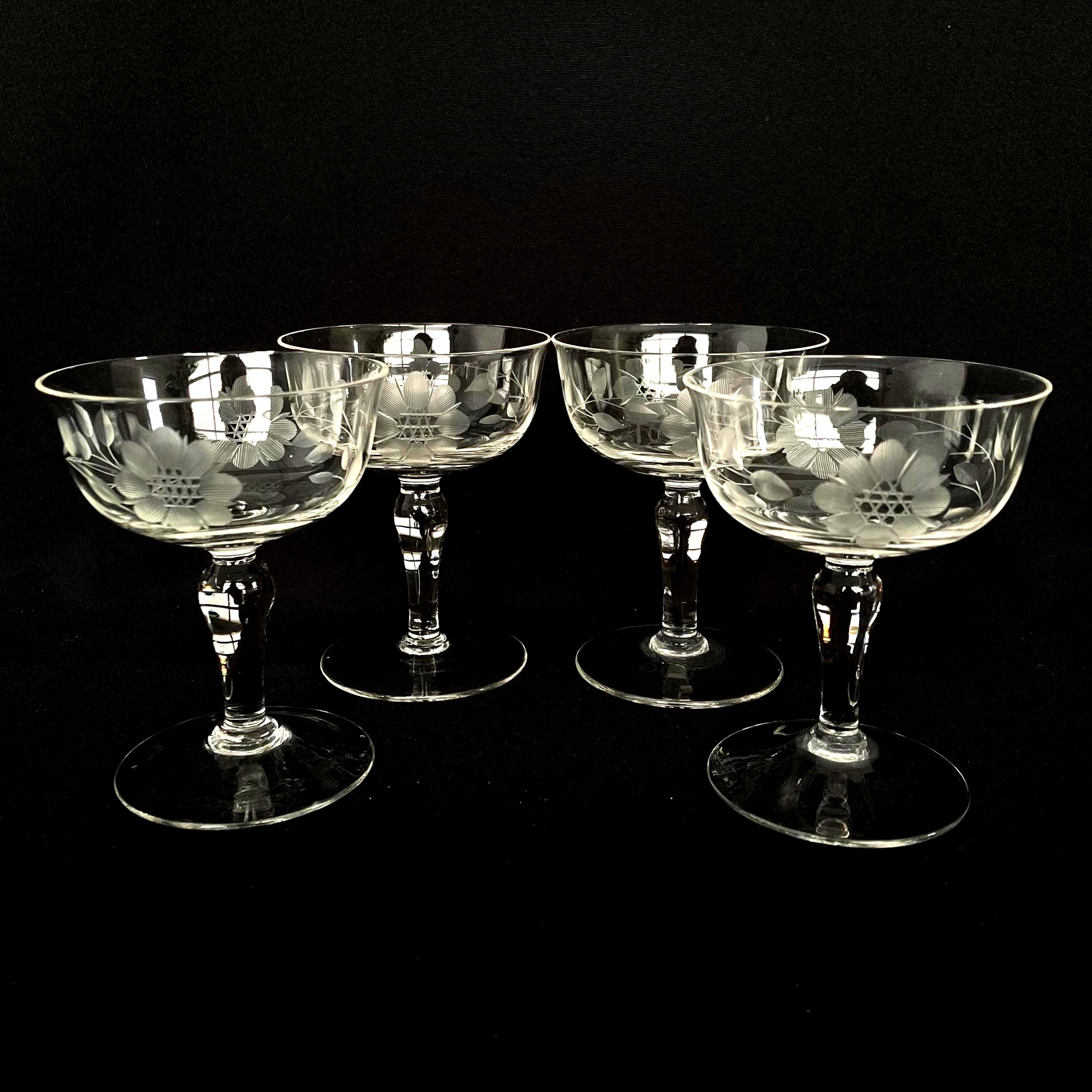 4 Antique Cornflower Etched Flared Rim 3oz Mini Champagne Cocktail