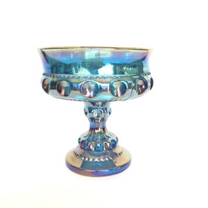 Vintage Indiana Glass Blue Iris Carnival Glass Kings Crown Candy Dish Compote Footed Pedestal Bowl