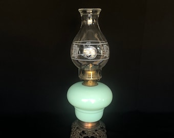 RARE - Vintage or Antique Jadeite Oil Lamp with Metal Base and Owl & Moon Chimney