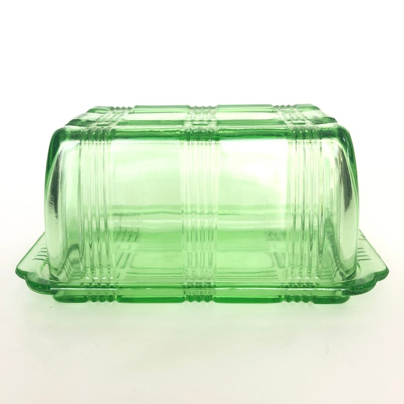 RARE - Vintage Green Vaseline Depression Glass Butter Dish - Cri RARE - Vintage Green Vaseline Depression Glass Butter Dish - Cri