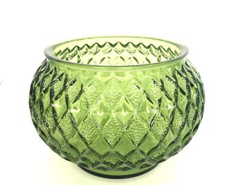 Big Vintage Avocado Green Glass Harlequin Pattern or Honeycomb Bowl Dish Vase Planter
