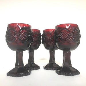 Set of 4 Vintage Avon Cape Cod Collection Ruby Red Glass 3.5oz Stemmed Goblets