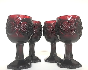Set of 4 Vintage Avon Cape Cod Collection Ruby Red Glass 3.5oz Stemmed Goblets