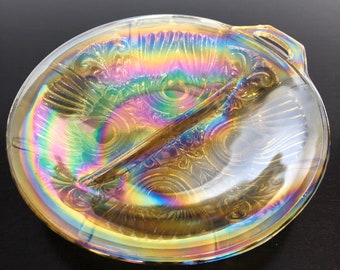 Plato de cristal vintage de carnaval dorado, de dos secciones, bandeja para dulces y aperitivos, decoración retro de los años 70, estilo moderno de mediados de siglo.