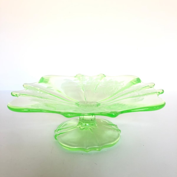 Vintage Embossed Green Vaseline Glass Footed Plate Shallow Pedestal Bowl