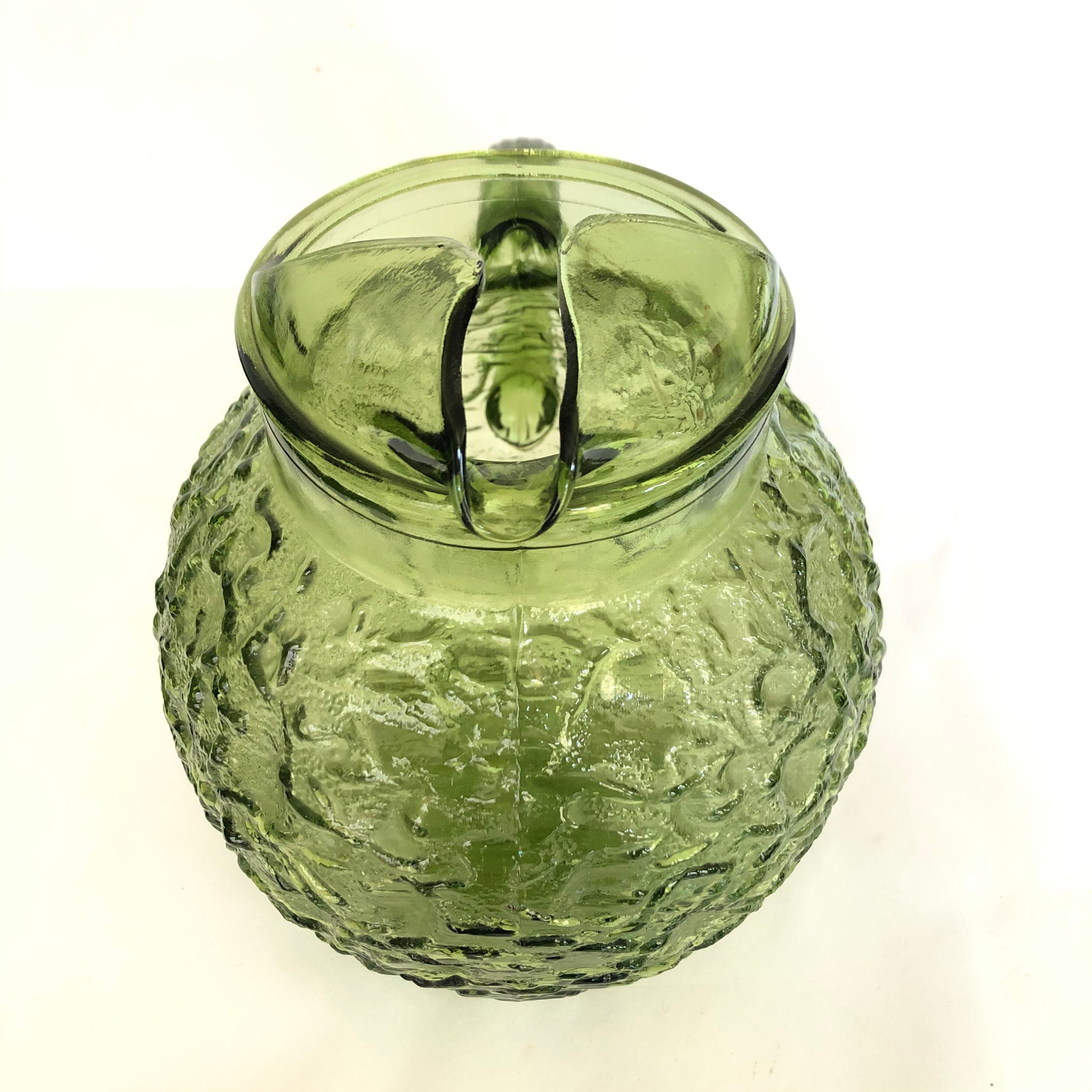 Vintage ARC Glass Small Ribbed Pitcher With Avocado Green Lid Made In France
