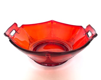 Vintage Cherry Red Glass Art Deco Inspired Six-Sided Two Handled Serving Dish