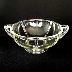 GLASBAKE QUEEN ANNE Cuenco redondo de vidrio para servir con asa y pie, estilo Art Déco, década de 1930