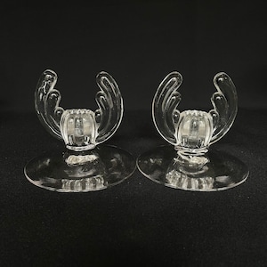 RARE - Pair of Art Nouveau Clear Glass Candlestick Holders