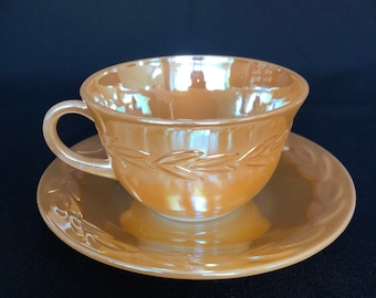 Vintage Peach Lustre &#39;Laurel&#39; Glass Tea Cup & Saucer c1950s