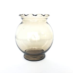 Vintage Smoky Grey Glass Round Bowl Vase with Crimped Ruffled Rim