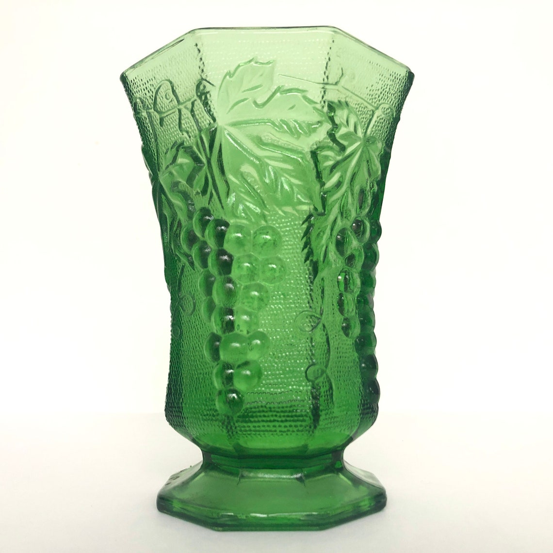 Emerald Green Vintage Glass Hexagonal Vase With Grape Design Etsy