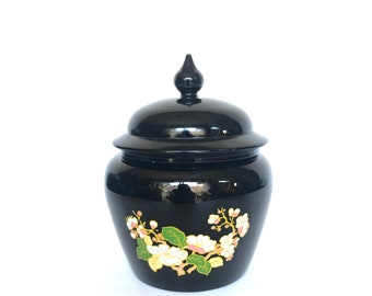 Vintage Avon Black Glass Ginger Jar - Lidded Bowl Covered Dish