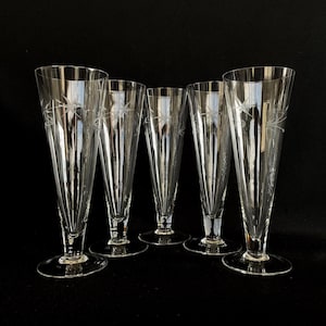 5 Gorgeous Vintage Etched 13oz Footed Pilsner Glasses - Vintage Barware - Retro Barware