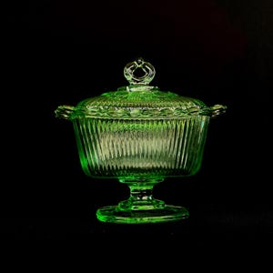 Vintage Indiana Glass Green Candy Box - Rectangular Lace Edge, Footed Pedestal