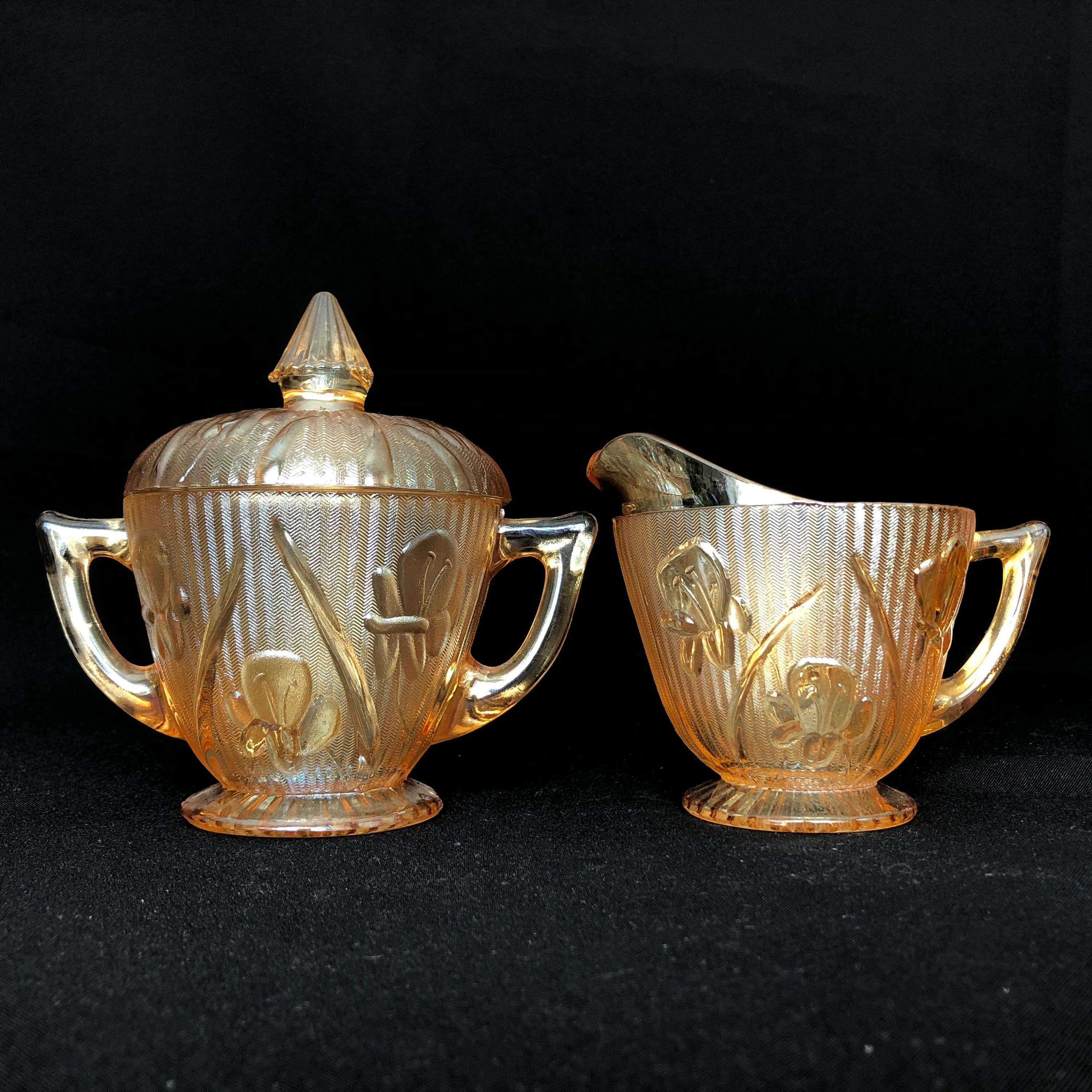 Vintage Peach Lustre Carnival Glass Iris & Herringbone Cream